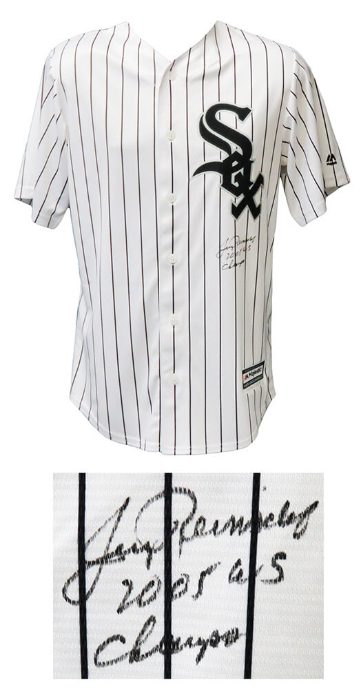 Jerry Reinsdorf Signed Chicago White Sox Majestic White Pinstripe Jersey w/ 2005 WS Champs - REIJRY102 - Jerry Reinsdorf Signed Chicago White Sox Majestic White Pinstripe Jersey w/ 2005 WS Champs product image