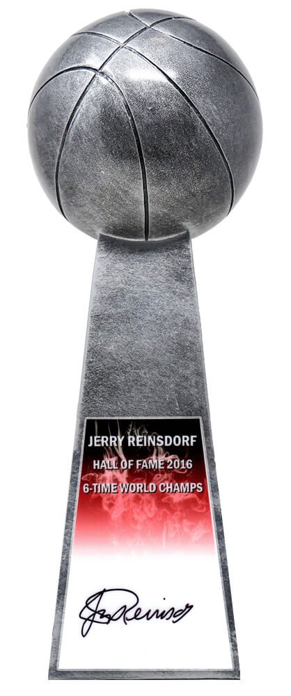Jerry Reinsdorf Signed Basketball Champion 14 Inch Replica Silver Trophy - REITRO200 - Jerry Reinsdorf Signed Basketball Champion 14 Inch Replica Silver Trophy product image