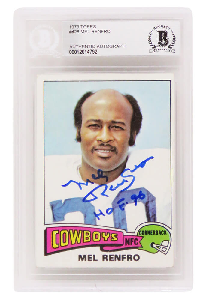Mel Renfro Signed Dallas Cowboys 1975 Topps Football Card #428 w/HOF'96 - (Beckett Encapsulated) - RENCAR302 - Mel Renfro Signed Dallas Cowboys 1975 Topps Football Card #428 w/HOF'96 - (Beckett Encapsulated) product image