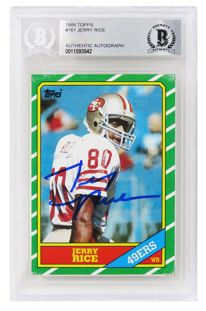 Jerry Rice Signed San Francisco 49ers 1986 Topps Rookie Football Trading Card #161 (Beckett Encapsulated) - RICCAR300 - Jerry Rice Signed San Francisco 49ers 1986 Topps Rookie Football Trading Card #161 (Beckett Encapsulated) product image