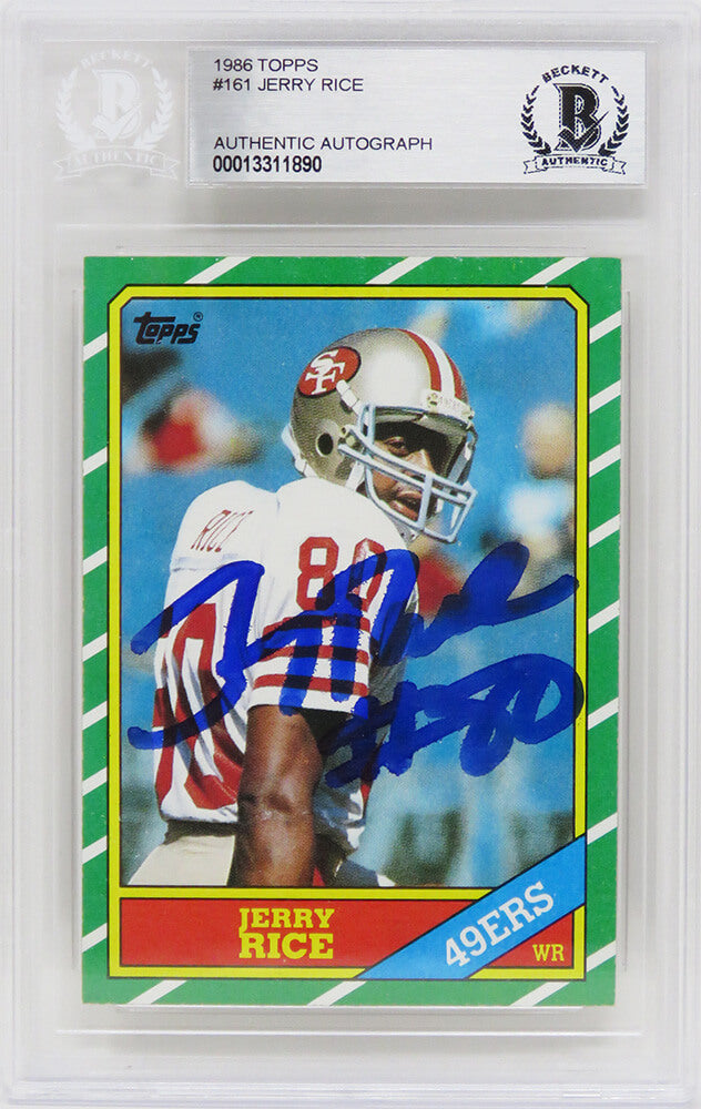 Jerry Rice Signed San Francisco 49ers 1986 Topps Rookie Football Card #161 (Beckett Encapsulated) - RICCAR301 - Jerry Rice Signed San Francisco 49ers 1986 Topps Rookie Football Card #161 (Beckett Encapsulated) product image