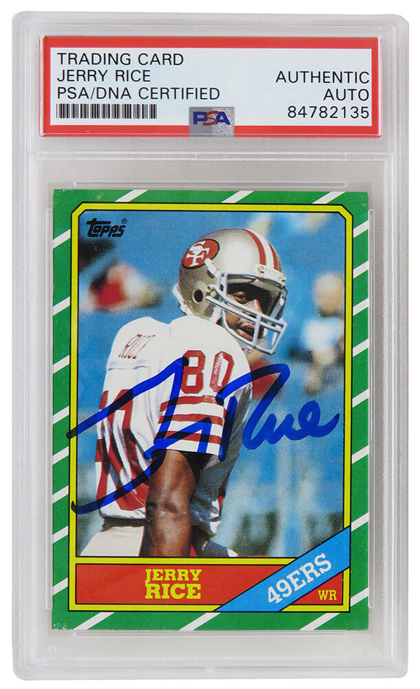 Jerry Rice Signed San Francisco 49ers 1986 Topps Rookie Football Trading Card #161 (PSA Encapsulated) - RICCAR302 - Jerry Rice Signed San Francisco 49ers 1986 Topps Rookie Football Trading Card #161 (PSA Encapsulated) product image