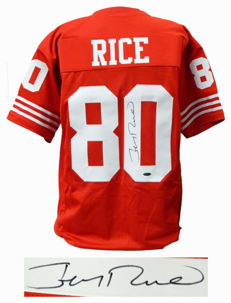 Jerry Rice Signed Red T/B Custom Football Jersey - RICJRY310 - Jerry Rice Signed Red T/B Custom Football Jersey product image