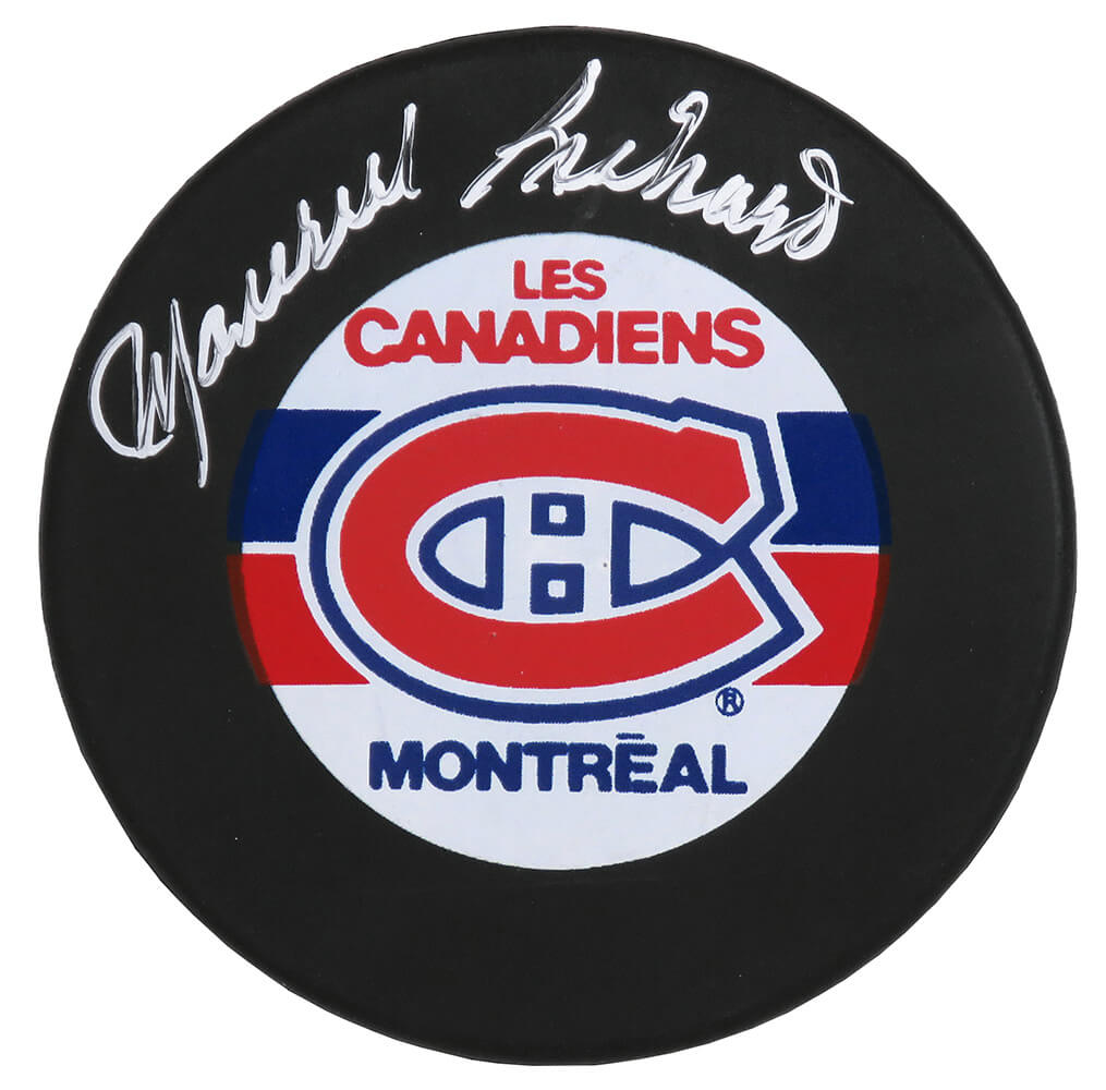 Maurice Richard Signed Montreal Canadiens French Logo Hockey Puck - RICPUC420 - Maurice Richard Signed Montreal Canadiens French Logo Hockey Puck product image