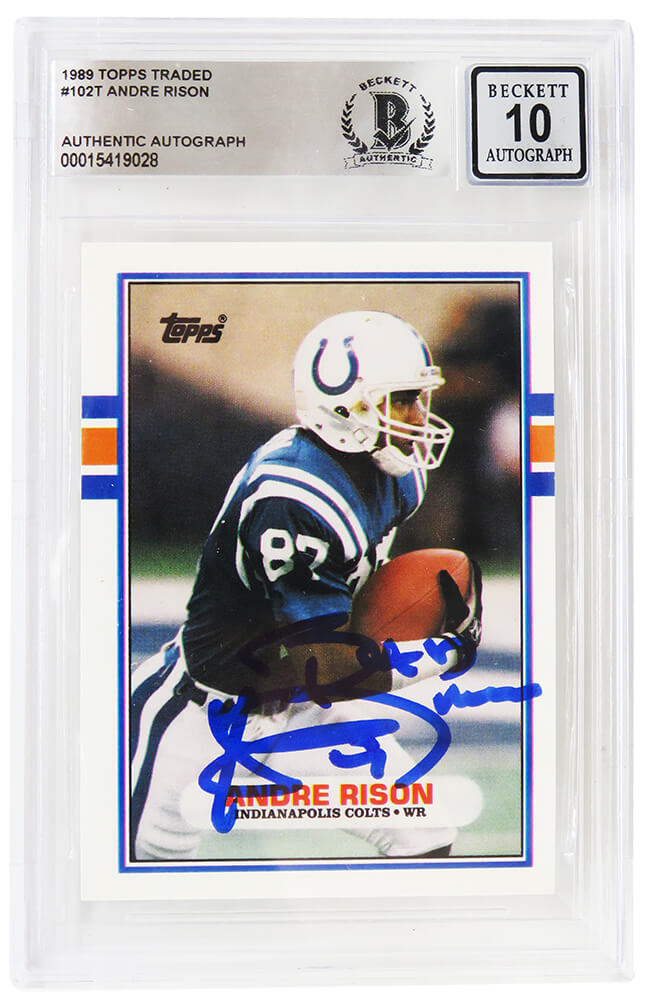 Andre Rison Signed Colts 1989 Topps Rookie Football Trading Card #102T w/Bad Moon - (Beckett - Auto Grade 10) - RISCAR316 - Andre Rison Signed Colts 1989 Topps Rookie Football Trading Card #102T w/Bad Moon - (Beckett - Auto Grade 10) product image