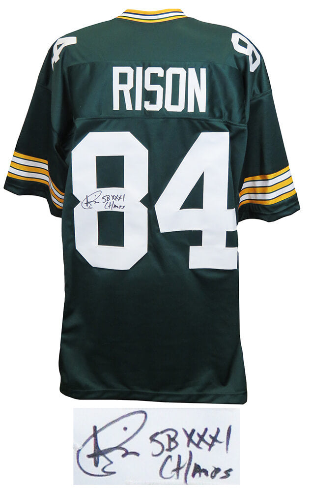 Andre Rison Signed Green Custom Jersey w/SB XXXI Champs (Signed Middle of #8) - RISJRY317 - Andre Rison Signed Green Custom Jersey w/SB XXXI Champs (Signed Middle of #8) product image