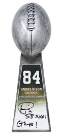 Andre Rison Signed Football World Champion 15 Inch Replica Silver Trophy With #84 Sticker w/SB XXXI Champs - RISTRO302 - Andre Rison Signed Football World Champion 15 Inch Replica Silver Trophy With #84 Sticker w/SB XXXI Champs product image