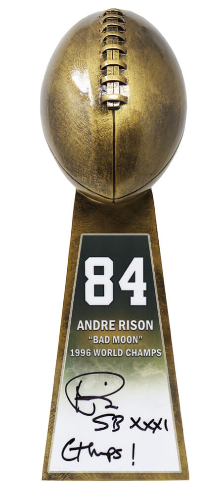 Andre Rison Signed Football World Champion 15 Inch Replica Gold Trophy With #84 Sticker w/SB XXXI Champs - RISTRO303 - Andre Rison Signed Football World Champion 15 Inch Replica Gold Trophy With #84 Sticker w/SB XXXI Champs product image