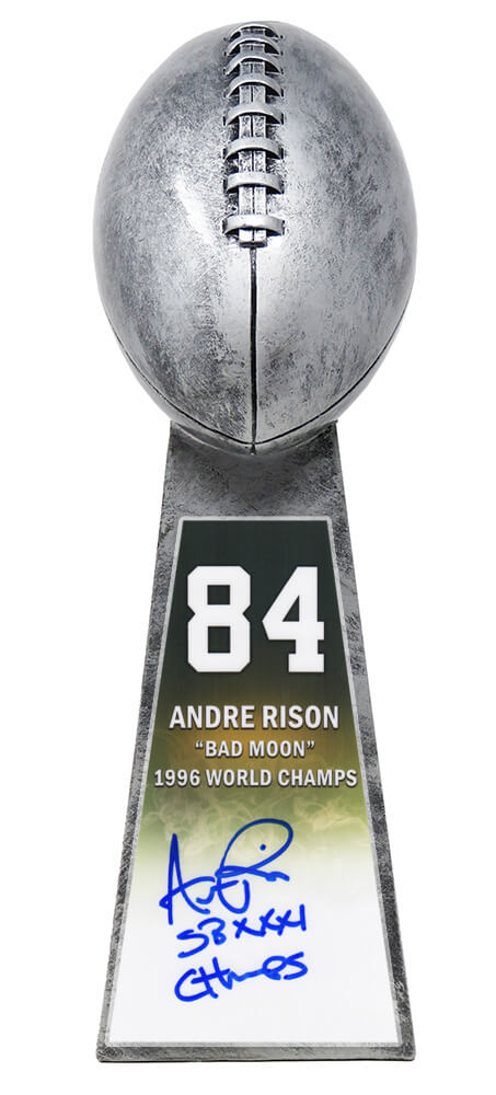 Andre Rison Signed Football World Champion 15 Inch Replica Silver Trophy With #84 Sticker w/SB XXXI Champs (In Blue) - RISTRO304 - Andre Rison Signed Football World Champion 15 Inch Replica Silver Trophy With #84 Sticker w/SB XXXI Champs (In Blue) product image