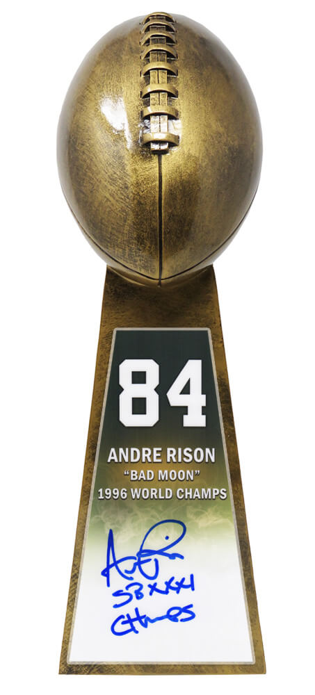 Andre Rison Signed Football World Champion 15 Inch Replica Gold Trophy With #84 Sticker w/SB XXXI Champs (In Blue) - RISTRO305 - Andre Rison Signed Football World Champion 15 Inch Replica Gold Trophy With #84 Sticker w/SB XXXI Champs (In Blue) product image