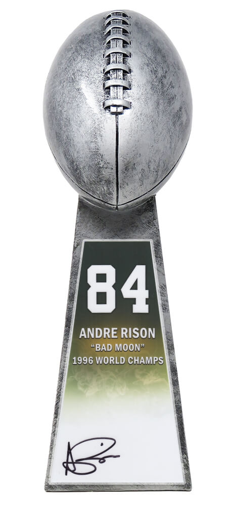 Andre Rison Signed Football World Champion 15 Inch Replica Silver Trophy With #84 Sticker - RISTRO306 - Andre Rison Signed Football World Champion 15 Inch Replica Silver Trophy With #84 Sticker product image