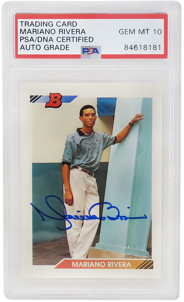 Mariano Rivera Signed New York Yankees 1992 Bowman Rookie Baseball Card #302 (PSA Encapsulated - Auto Grade 10) - RIVCAR100 - Mariano Rivera Signed New York Yankees 1992 Bowman Rookie Baseball Card #302 (PSA Encapsulated - Auto Grade 10) product image