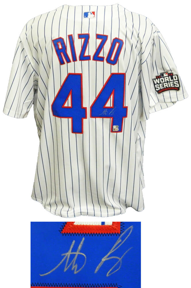 Anthony Rizzo Signed Chicago Cubs White Pinstripe 2016 World Series Patch Majestic Jersey - RIZJRY102 - Anthony Rizzo Signed Chicago Cubs White Pinstripe 2016 World Series Patch Majestic Jersey product image