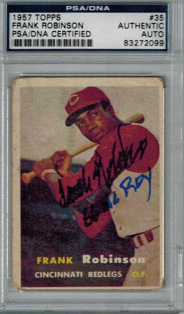 Frank Robinson Signed Reds 1957 Topps Rookie Card #35 w/56 NL ROY PSA/DNA - ROBCAR101 - Frank Robinson Signed Reds 1957 Topps Rookie Card #35 w/56 NL ROY PSA/DNA product image