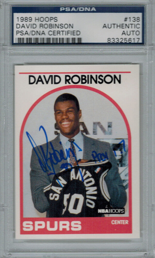 David Robinson Signed Spurs 1989 Hoops Rookie Card #138 - PSA - ROBCAR200 - David Robinson Signed Spurs 1989 Hoops Rookie Card #138 - PSA product image