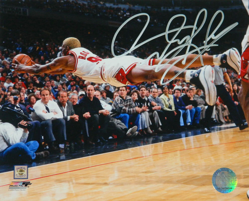 Dennis Rodman Signed Chicago Bulls Diving Action 8x10 Photo - ROD08P206 - Dennis Rodman Signed Chicago Bulls Diving Action 8x10 Photo product image