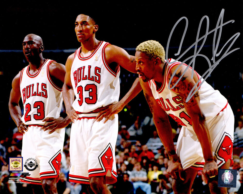 Dennis Rodman Signed Bulls 8x10 Photo w/Michael Jordan & Scottie Pippen - ROD08P208 - Dennis Rodman Signed Bulls 8x10 Photo w/Michael Jordan & Scottie Pippen product image