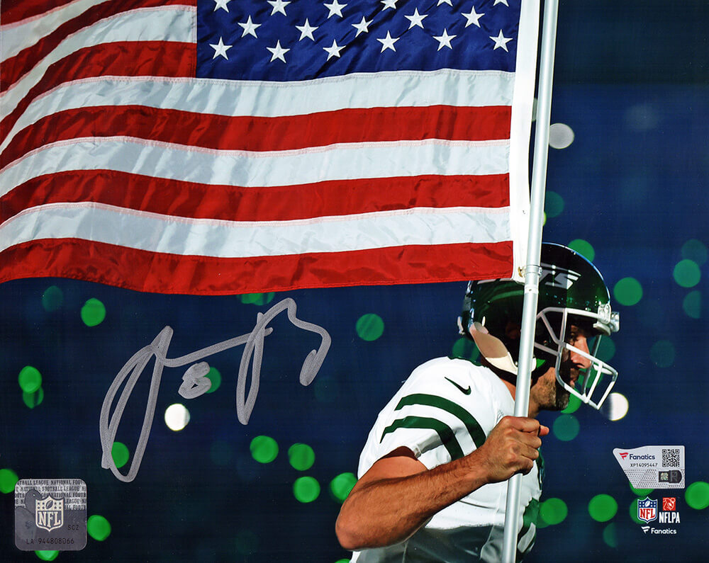 Aaron Rodgers Signed New York Jets Running With American Flag 8x10 Photo - (Fanatics) - ROD08P301 - Aaron Rodgers Signed New York Jets Running With American Flag 8x10 Photo - (Fanatics) product image