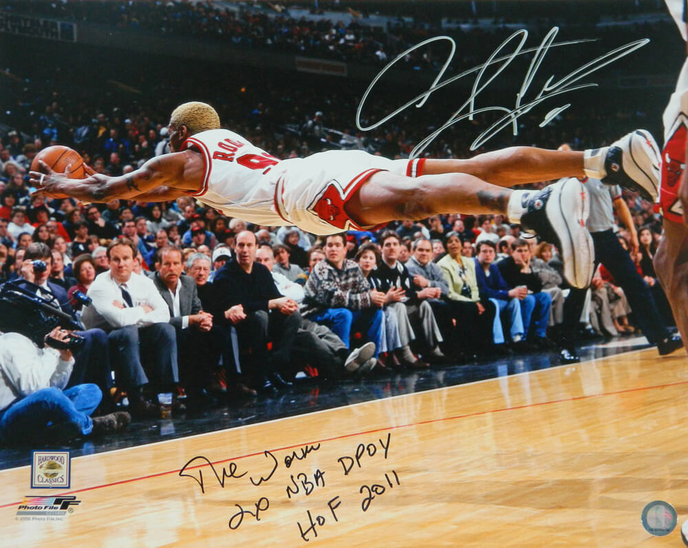 Dennis Rodman Signed Bulls Diving 16x20 Photo w/3 insciptions - ROD16P201 - Dennis Rodman Signed Bulls Diving 16x20 Photo w/3 insciptions product image