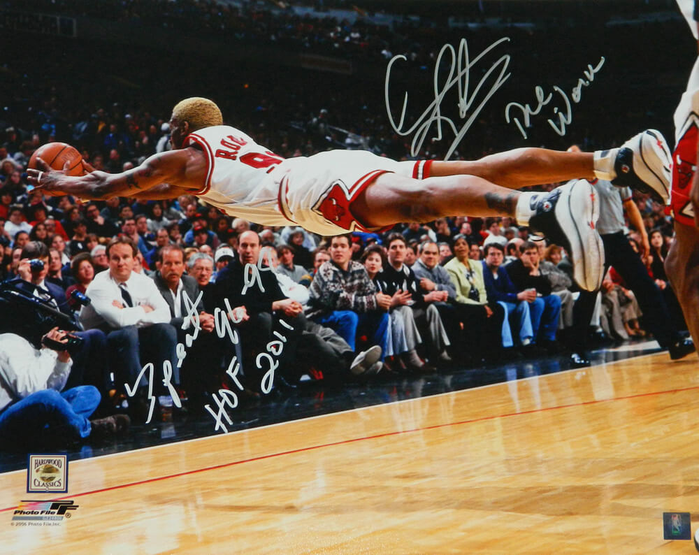 Dennis Rodman Signed Chicago Bulls Diving For Basketball 16x20 Photo w/Worm, 3 Peat 96-98, HOF 11 - ROD16P221 - Dennis Rodman Signed Chicago Bulls Diving For Basketball 16x20 Photo w/Worm, 3 Peat 96-98, HOF 11 product image