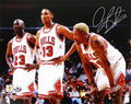 Dennis Rodman Signed Chicago Bulls 16x20 Photo w/Michael Jordan & Scottie Pippen - ROD16P225 - Dennis Rodman Signed Chicago Bulls 16x20 Photo w/Michael Jordan & Scottie Pippen product image