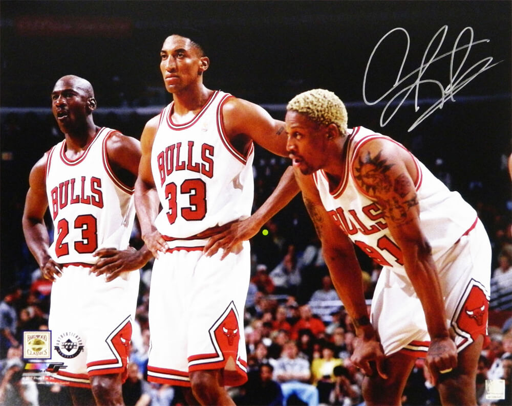 Dennis Rodman Signed Chicago Bulls 16x20 Photo w/Michael Jordan & Scottie Pippen - ROD16P225 - Dennis Rodman Signed Chicago Bulls 16x20 Photo w/Michael Jordan & Scottie Pippen product image