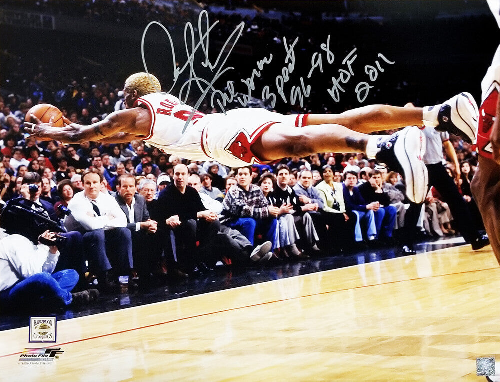 Dennis Rodman Signed Chicago Bulls Diving For Basketball 16x20 Photo w/The Worm, 3 Peat 96-98, HOF 2011 - ROD16P227 - Dennis Rodman Signed Chicago Bulls Diving For Basketball 16x20 Photo w/The Worm, 3 Peat 96-98, HOF 2011 product image