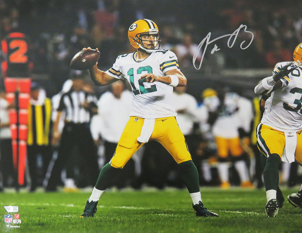 Aaron Rodgers Signed Green Bay Packers White Jersey Passing Action 16x20 Photo - (Fanatics) - ROD16P300 - Aaron Rodgers Signed Green Bay Packers White Jersey Passing Action 16x20 Photo - (Fanatics) product image