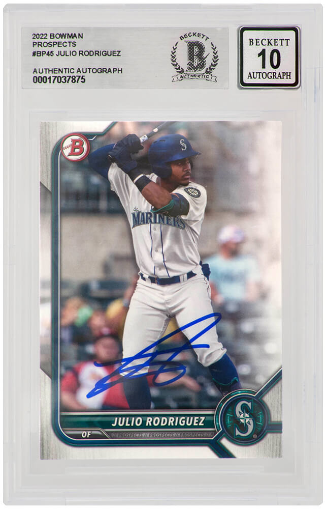 Julio Rodriguez Signed Seattle Mariners 2022 Bowman Prospects Baseball Card #BP45 - (Beckett - Auto Grade 10) - RODCAR120 - Julio Rodriguez Signed Seattle Mariners 2022 Bowman Prospects Baseball Card #BP45 - (Beckett - Auto Grade 10) product image