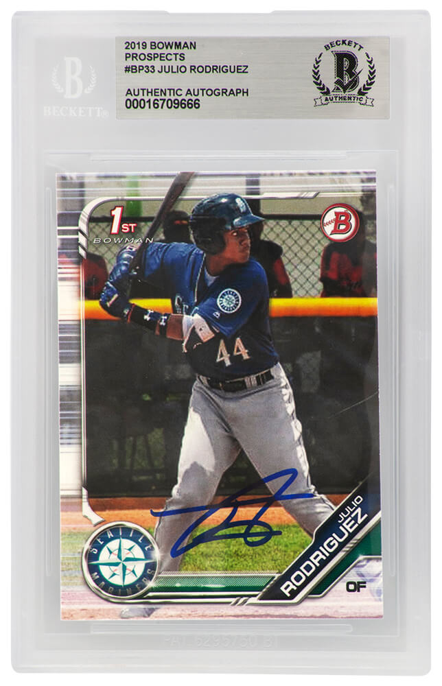 Julio Rodriguez Signed Seattle Mariners 2019 1st Bowman Prospects Rookie Baseball Card #BP33   (Beckett Encapsulated) - RODCAR122 - Julio Rodriguez Signed Seattle Mariners 2019 1st Bowman Prospects Rookie Baseball Card #BP33  (Beckett Encapsulated) product image