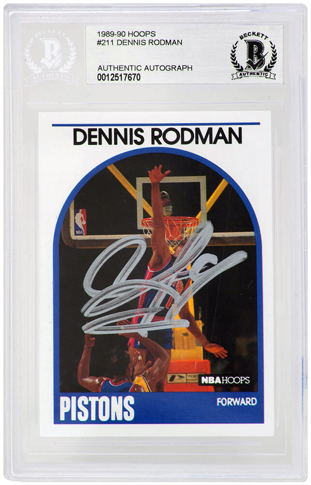 Dennis Rodman Signed Detroit Pistons 1989-90 NBA Hoops Basketball Card #211 - (Beckett Encapsulated) - RODCAR204 - Dennis Rodman Signed Detroit Pistons 1989-90 NBA Hoops Basketball Card #211 - (Beckett Encapsulated) product image