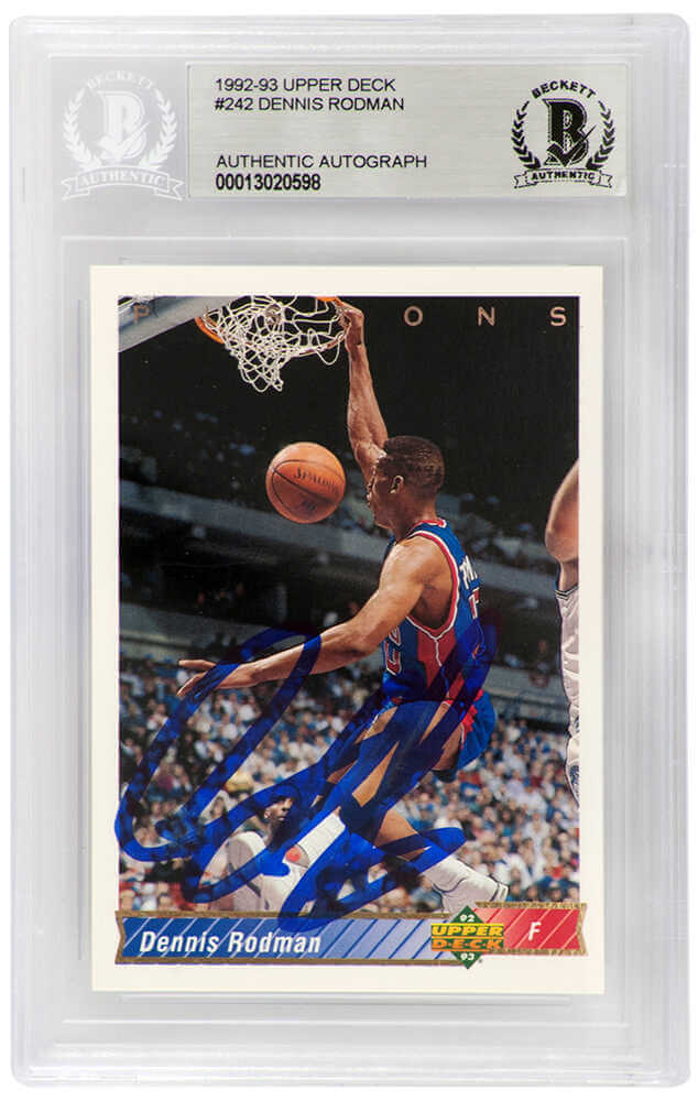 Dennis Rodman Signed Detroit Pistons 1992-93 Upper Deck Basketball Card #242  - (Beckett Encapsulated) - RODCAR206 - Dennis Rodman Signed Detroit Pistons 1992-93 Upper Deck Basketball Card #242 - (Beckett Encapsulated) product image