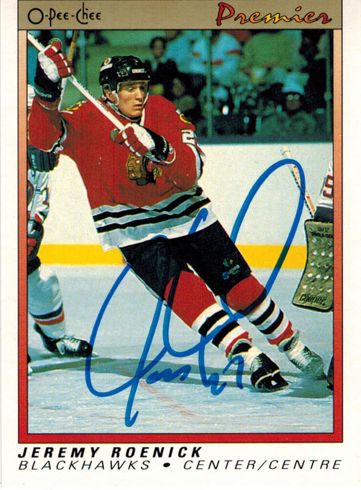 Jeremy Roenick Signed Blackhawks 1990 O-Pee-Chee Premier Rookie Card #100 - ROECAR403 - Jeremy Roenick Signed Blackhawks 1990 O-Pee-Chee Premier Rookie Card #100 product image
