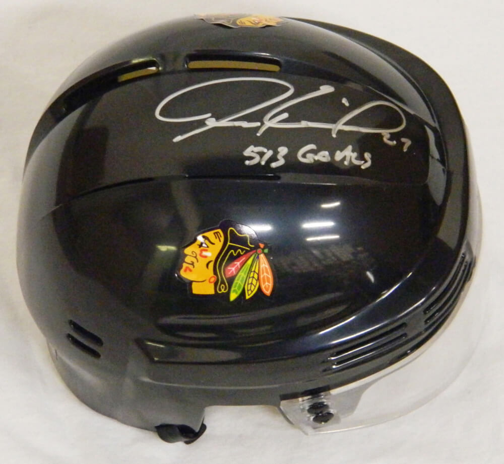 Jeremy Roenick Signed Chicago Blackhawks Black Hockey Mini Helmet w/513 Goals - ROEMIN400 - Jeremy Roenick Signed Chicago Blackhawks Black Hockey Mini Helmet w/513 Goals product image