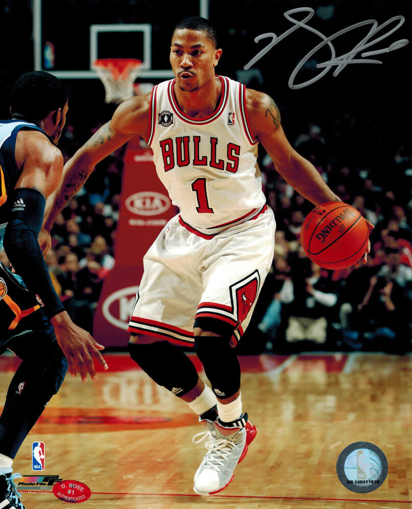 Derrick Rose Signed Bulls White Jersey Dribbling 8x10 Photo (Silver) - ROS08P207 - Derrick Rose Signed Bulls White Jersey Dribbling 8x10 Photo (Silver) product image