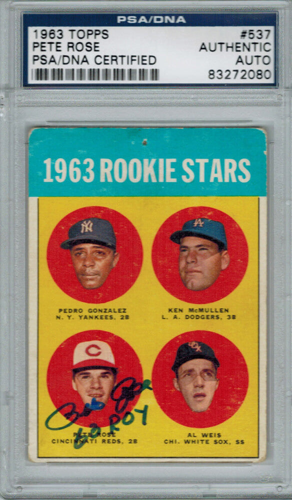 Pete Rose Signed Reds 1963 Topps Rookie Card #537 w/63 ROY PSA/DNA - ROSCAR100 - Pete Rose Signed Reds 1963 Topps Rookie Card #537 w/63 ROY PSA/DNA product image