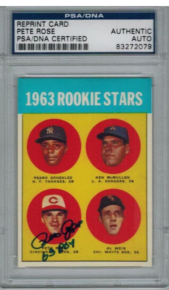 Pete Rose Signed Reds 1963 Topps Rookie Card Reprint #537 w/63 ROY PSA/DNA - ROSCAR101 - Pete Rose Signed Reds 1963 Topps Rookie Card Reprint #537 w/63 ROY PSA/DNA product image
