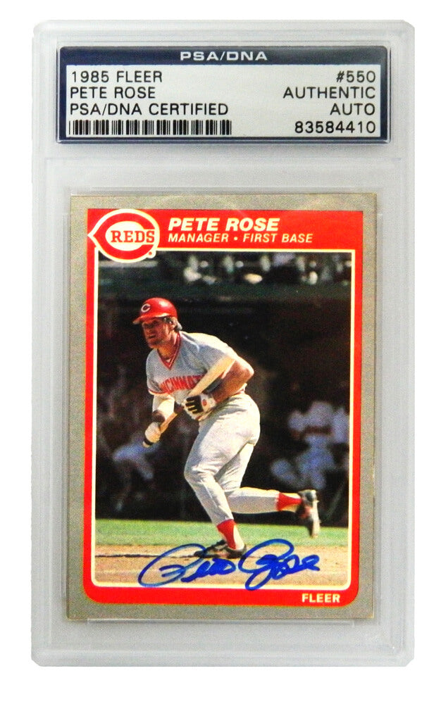 Pete Rose Signed Cincinnati Reds 1985 Fleer Trading Card #550 - (PSA Encapsulated) - ROSCAR102 - Pete Rose Signed Cincinnati Reds 1985 Fleer Trading Card #550 - (PSA Encapsulated) product image