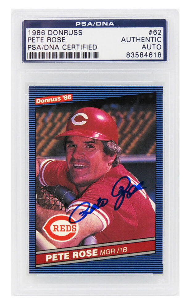 Pete Rose Signed Cincinnati Reds 1986 Donruss Trading Card #62 - (PSA Encapsulated) - ROSCAR116 - Pete Rose Signed Cincinnati Reds 1986 Donruss Trading Card #62 - (PSA Encapsulated) product image