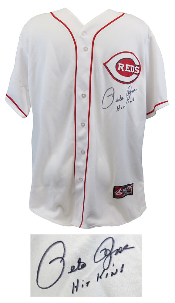Pete Rose Signed Cincinnati Reds White Majestic Replica Baseball Jersy w/Hit King - ROSJRY101 - Pete Rose Signed Cincinnati Reds White Majestic Replica Baseball Jersy w/Hit King product image