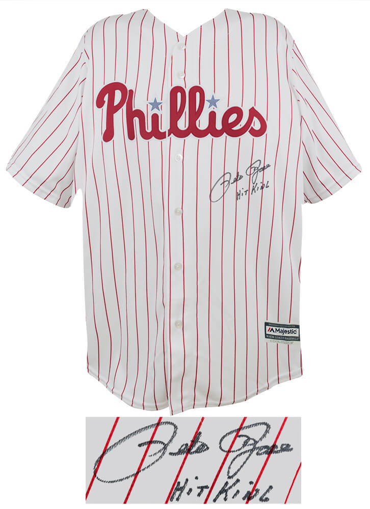 Pete Rose Signed Philadelphia Phillies White Majestic Replica Baseball Jersey w/Hit King - ROSJRY102 - Pete Rose Signed Philadelphia Phillies White Majestic Replica Baseball Jersey w/Hit King product image
