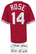 Pete Rose Signed Cincinnati Reds M&N Red Throwback 1984 Style Batting Practice Jersey w/Hit King - ROSJRY103 - Pete Rose Signed Cincinnati Reds M&N Red Throwback 1984 Style Batting Practice Jersey w/Hit King product image
