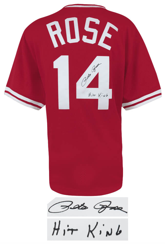 Pete Rose Signed Cincinnati Reds M&N Red Throwback 1984 Style Batting Practice Jersey w/Hit King - ROSJRY103 - Pete Rose Signed Cincinnati Reds M&N Red Throwback 1984 Style Batting Practice Jersey w/Hit King product image