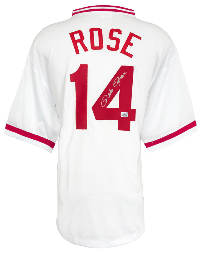 Pete Rose Signed White Throwback 'Hit King' Custom Baseball Jersey - ROSJRY104 - Pete Rose Signed White Throwback 'Hit King' Custom Baseball Jersey product image