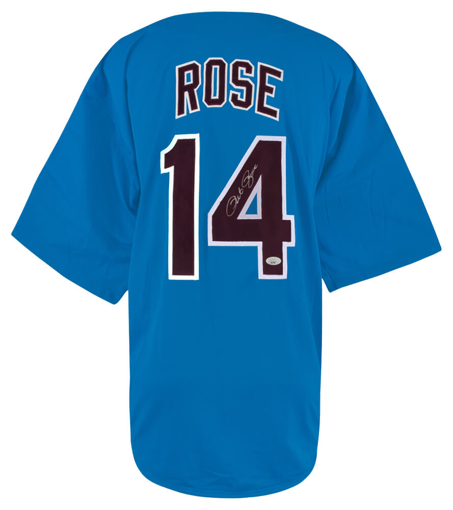 Pete Rose signed Blue Throwback Custom Baseball Jersey - (JSA) - ROSJRY105 - Pete Rose signed Blue Throwback Custom Baseball Jersey - (JSA) product image