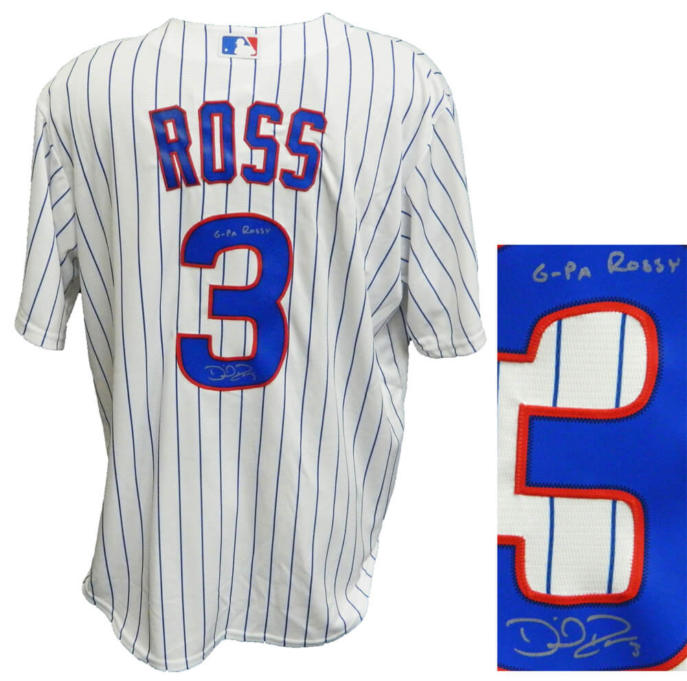 David Ross Signed Chicago Cubs White Pinstripe Majestic Replica Jersey w/G-Pa Rossy - ROSJRY112 - David Ross Signed Chicago Cubs White Pinstripe Majestic Replica Jersey w/G-Pa Rossy product image