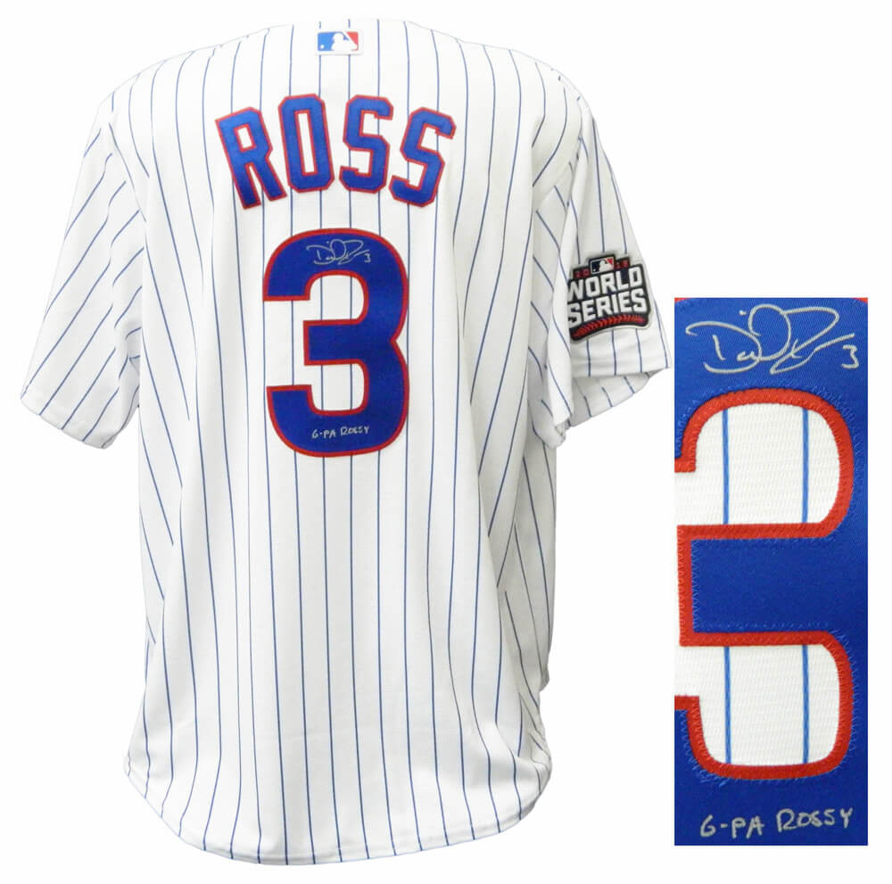David Ross Signed Chicago Cubs White Pinstripe 2016 World Series Patch Jersey w/G-Pa Rossy - ROSJRY116 - David Ross Signed Chicago Cubs White Pinstripe 2016 World Series Patch Jersey w/G-Pa Rossy product image