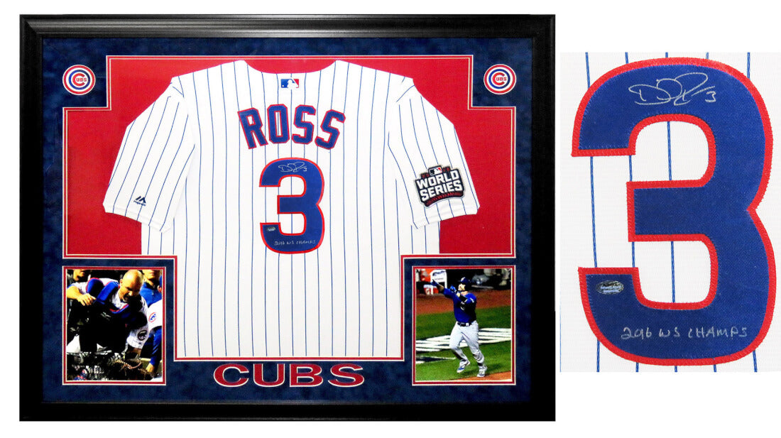 David Ross Signed & Framed Chicago Cubs White Pinstripe 2016 World Series Patch Jersey w/2016 WS Champs - ROSJRY117 - David Ross Signed & Framed Chicago Cubs White Pinstripe 2016 World Series Patch Jersey w/2016 WS Champs product image