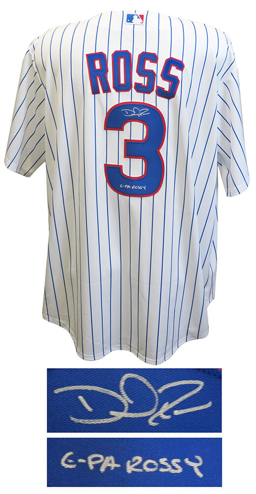 David Ross Signed Chicago Cubs White Pinstripe Majestic Replica Baseball Jersey w/G-Pa Rossy - ROSJRY119 - David Ross Signed Chicago Cubs White Pinstripe Majestic Replica Baseball Jersey w/G-Pa Rossy product image