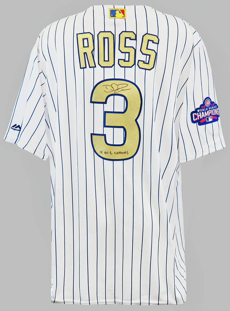 David Ross Signed Chicago Cubs White Pinstripe Gold World Series Champs Majestic Jersey w/16 WS Champs - ROSJRY120 - David Ross Signed Chicago Cubs White Pinstripe Gold World Series Champs Majestic Jersey w/16 WS Champs product image